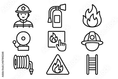 Fire safety line icon set with firefighter, equipment, and emergency symbols. Vector outline icons of extinguisher, alarm, flame, hose, helmet, ladder, and warning sign.