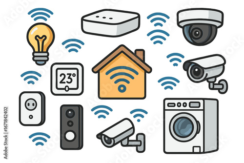 Smart home automation icon set. Vector illustration of IoT devices like security camera, lights, and thermostat. Wireless technology, internet of things concept for home control.