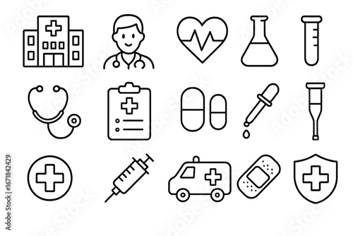 Healthcare and medical line icon set. Hospital, doctor, medicine symbols collection. Vector illustration of health care, emergency, clinic, pharmacy and treatment signs.