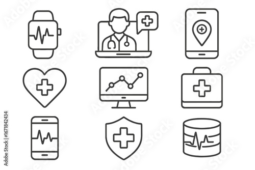 Healthcare technology line icon set. Telemedicine, virtual doctor consultation, wearable device, health data, and mobile mHealth app icons. Medical care vector collection.