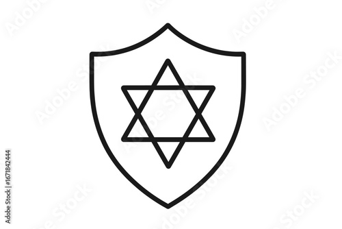 Star of David on a shield, a symbol of Judaism and protection. Magen David vector line icon for Israel and Jewish heritage design. Isolated religious emblem for graphic use.