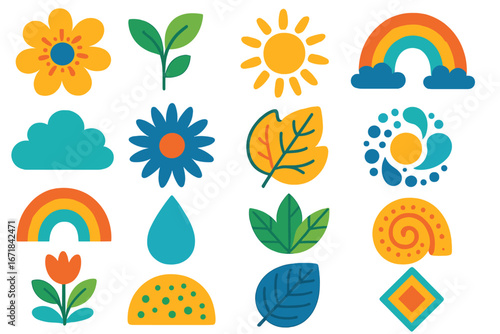 Set of colorful nature icons. Abstract vector elements for design. Sun, flower, rainbow, leaf, cloud, water drop symbols. Modern flat cartoon illustration for web and print.