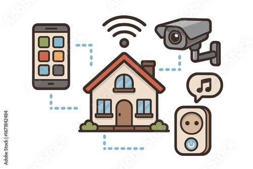 Smart home technology vector illustration. Home automation system concept. Internet of things (IoT) with remote control via smartphone for security, convenience and modern living.
