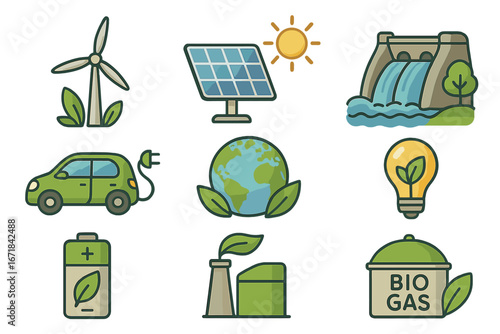 Renewable energy icon set. Green power concept. Solar panel, wind turbine, electric car, hydropower dam, biogas. Sustainable technology, ecology, environment vector symbols.