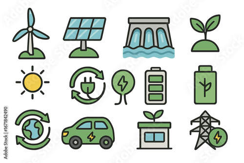 Renewable energy icon set. Green technology, wind turbine, solar panel, hydroelectric power, electric car icons. Eco friendly vector illustration for sustainability concept.