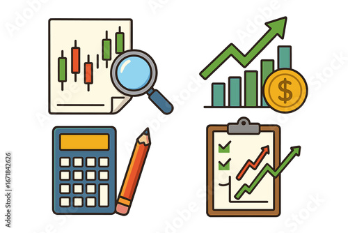 Trading icons for financial market analysis and investment strategy. Set of candlestick charts, growth graphs, calculator, and success symbols for stock market business.
