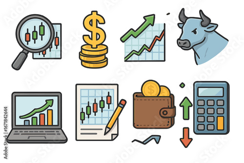 Vector trading tools and financial symbols. Investment strategy and market analysis icons. Bull market, candlestick chart, dollar sign, growth graph, money wallet.