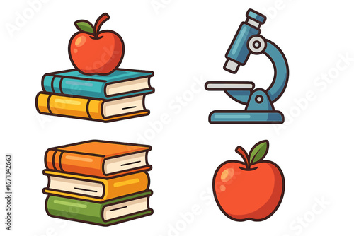 Education icon set with books, apple and microscope. School learning tools collection. Science research symbol for biology and chemistry. Vector cartoon illustration for design.