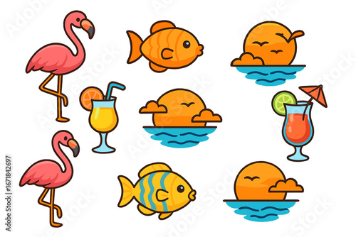 Summer beach icon set with flamingo, tropical fish, cocktail and sunset. Vector cartoon collection for vacation and travel design. Cute holiday graphics isolated for web.