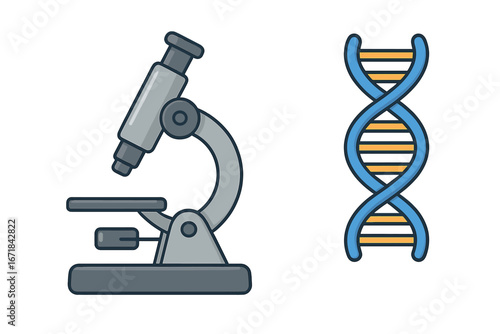 Microscope and DNA double helix vector illustration. Concept for scientific research, molecular biology, genetics, chemistry, and laboratory analysis. Science discovery icon.