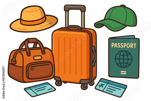 Travel essentials icon set. Vector cartoon illustration of luggage, passport, tickets, sun hat, and cap. Vacation, tourism, and journey concept. Holiday baggage collection.