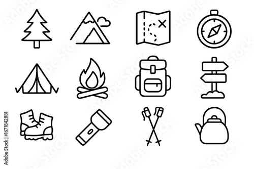 Camping and hiking line icon set. Outdoor adventure, nature travel and exploration outline symbols. Vector equipment for tourism, trekking and survival. Mountain, forest concept.