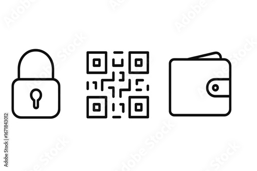 Security and payment linear icon set. Lock, qr code, wallet outline icons. Vector illustration. Secure transaction, e-commerce, digital finance, mobile banking concept.
