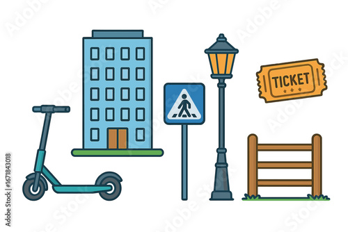 Urban mobility and city life icon set. E-scooter, building, pedestrian sign, lamppost, ticket, fence. Vector elements for transport and cityscape. Flat cartoon illustration.