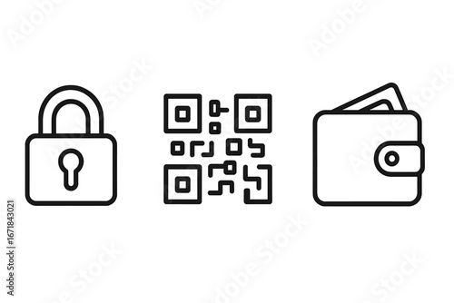 Security and payment linear icon set. Lock, QR code, and wallet outline icons. Vector illustration for fintech, mobile banking, e-commerce, digital transaction, financial safety.