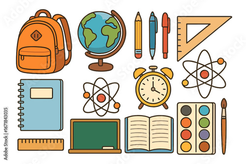 Back to school supplies set. Education and learning icon collection. Vector cartoon backpack, globe, book, pencil, paints, ruler, atom symbol. Study and knowledge concept.