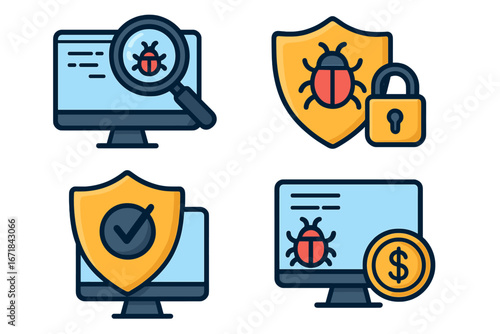 Cybersecurity icon set for bug detection and software protection. Vector concepts of virus scan, malware prevention, data security, and the financial risks of cybercrime.