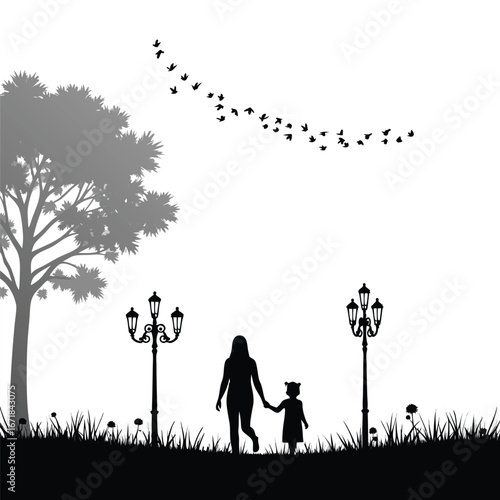 Mother and child walking in park with birds flying overhead