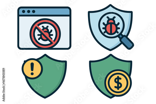 Cybersecurity icon set. Bug detection, antivirus protection, and vulnerability scan. Financial security and data privacy concepts. Web safety and malware prevention symbols. Vector