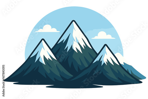 Snow capped mountain peaks vector illustration. Simple flat design of a mountain range landscape. Concept for travel, adventure, hiking, climbing, nature, and exploration.