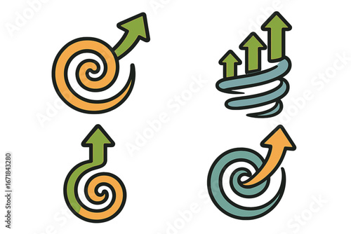 Abstract spiral arrow icon set. Growth, progress, and success concept. Business strategy, development, and goal achievement metaphor. Vector icons for evolution and direction.