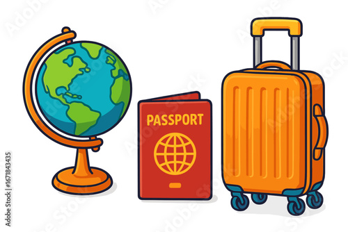 Travel essentials for adventure. Globe, passport, luggage icons. Vector for tourism, vacation, international journey. World exploration, trip concept. Holiday flight baggage.