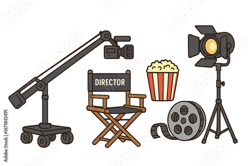Film production equipment set for movie making. Cinema industry concept. Vector icons of director chair, camera crane, spotlight, popcorn, film reel. Hollywood illustration.