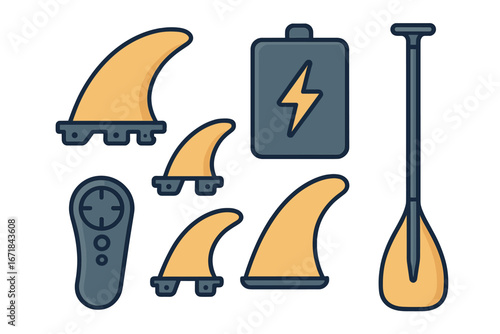 Various surfboard accessories including multiple fins, rechargeable battery, remote controller, and paddle in flat vector cartoon style on transparent background, water sports equipment set