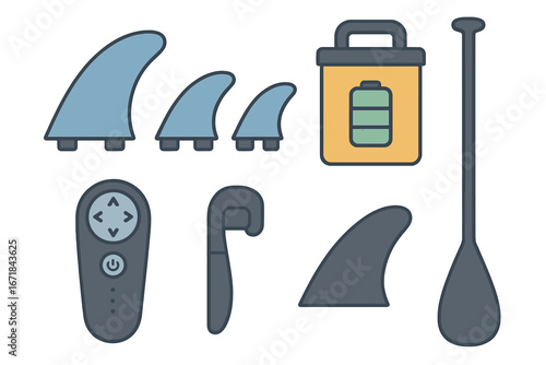 Various Surfboard Accessories Including Fins, Paddle, Battery Pack, Remote Controller, and Attachment in Flat Vector Cartoon Style on Transparent Background for Water Sports and Paddleboarding