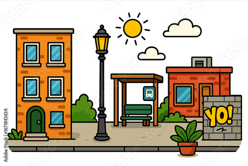 Urban city street scene with a bus stop, buildings, and graffiti wall. Vector cartoon illustration of city life. Sunny day in a neighborhood with public transport access.