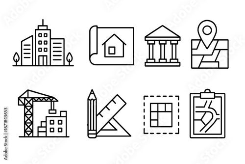 Urban planning icon set. Cityscape, architecture, and real estate development linear icons. Construction, blueprint, map pin, and building plan vector symbols collection.
