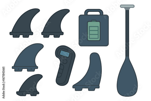 Various Surfboard Accessories Including Fins, Battery Pack, Remote Controller, and Paddle in Flat Vector Cartoon Style on Transparent Background