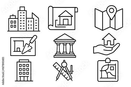 Urban planning icon set for city development. Architecture and construction linear icons. Real estate, cityscape, blueprint, map, and property vector symbols collection.