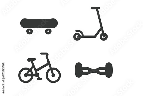 Micromobility icon set with skateboard, kick scooter, folding bike, and hoverboard. Urban personal electric transport concept. City transportation glyph vector symbols.
