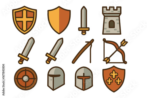 Medieval knight icon set. Vector flat cartoon fantasy game assets. Collection of sword, shield, helmet, castle tower, bow and arrow. Battle armor and weapon symbols for RPG.