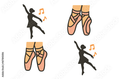 Elegant Ballet Silhouette and Pointe Shoes Vector Set, Dance Pose Cartoon Illustration with Music Notes, Classic Ballet Dancing Footwear Art on Transparent Background