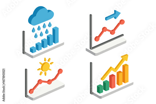 Weather forecast data analysis vector icon set. Isometric meteorological charts and graphs. Climate infographics with sun and rain symbols. Statistics, growth, report concept.