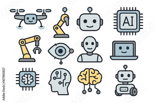Robotics and artificial intelligence icon set. AI, drone, robot arm, chip, bionic eye and brain. Future technology and automation concept. Vector cartoon illustration symbol.