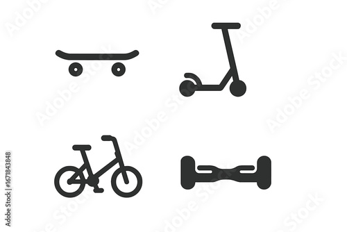 Micromobility icon set. Urban transport glyphs. Skateboard, kick scooter, folding bike, hoverboard. Personal electric transportation symbols. Eco friendly city mobility vector.