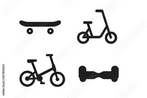 Micromobility icon set. Solid glyphs of personal urban transport. Skateboard, kick scooter, folding bike, hoverboard. City transportation vector symbols. Eco friendly commute.