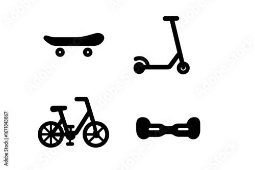 Micromobility solid glyph icon set. Urban personal transport symbols. Skateboard, e-scooter, folding bike, hoverboard. Eco-friendly city commute vector illustration.