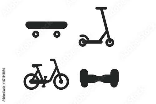Micromobility solid icon set. Urban personal transport glyphs. Skateboard, kick scooter, folding bike, hoverboard symbols. Eco-friendly city transportation vector signs.