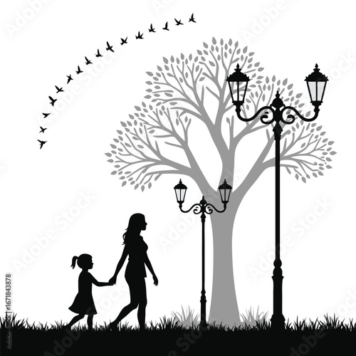 Mother and child walking in park with lampposts and birds