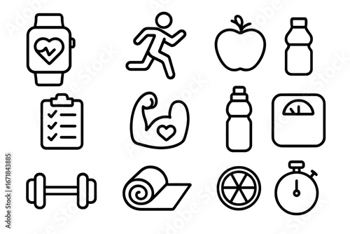Fitness and health line icon set. Vector collection of exercise, wellness, and sport symbols. Includes smartwatch, running, nutrition, gym workout, and diet concepts.