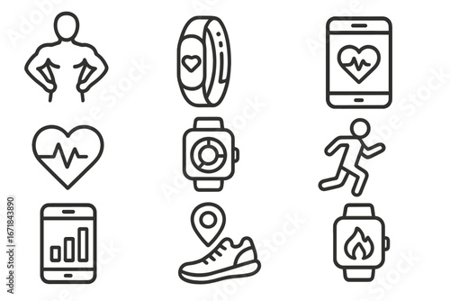 Fitness activity icon set. Wearable technology health monitoring. Vector symbols for sport, workout. Smartwatch, phone app, runner, heart rate, GPS, calories burn icon.