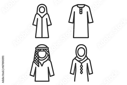 Middle Eastern traditional dress outline icon set. Vector symbols for Arab and Islamic clothing. Includes abaya, thawb, keffiyeh, hijab, kaftan, jalabiya for man and woman.