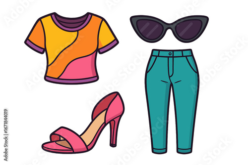 Woman's fashion casual outfit set. Summer wardrobe look. Vector illustration of a trendy colorful t-shirt, modern pants, stylish high heel shoe, and chic sunglasses.