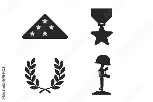 Military honors and remembrance icon set. Folded flag, medal, wreath, and battlefield cross symbols. Vector for Memorial Day, Veterans Day. Fallen soldier tribute.