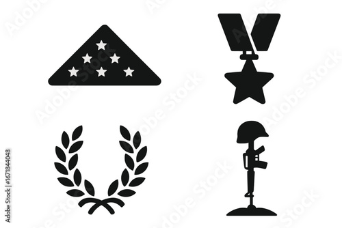 Military honors icon set. Memorial Day, Veterans Day symbols. Folded flag, medal of honor, wreath, battlefield cross. Fallen soldier, sacrifice, patriotism, loss vector.