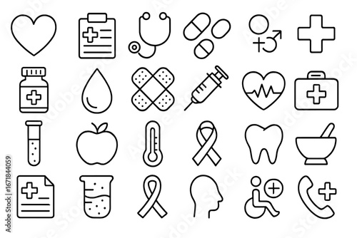 Health and medical line icon set. Healthcare, fitness, wellness, and medicine symbols. Vector collection for hospital, pharmacy, and emergency services. Outline pictogram pack.